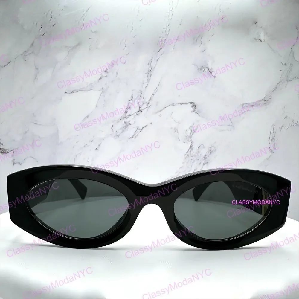 New MIU MIU Sunglasses Black Oval Acetate Gold Metal Logo Authentic Womens